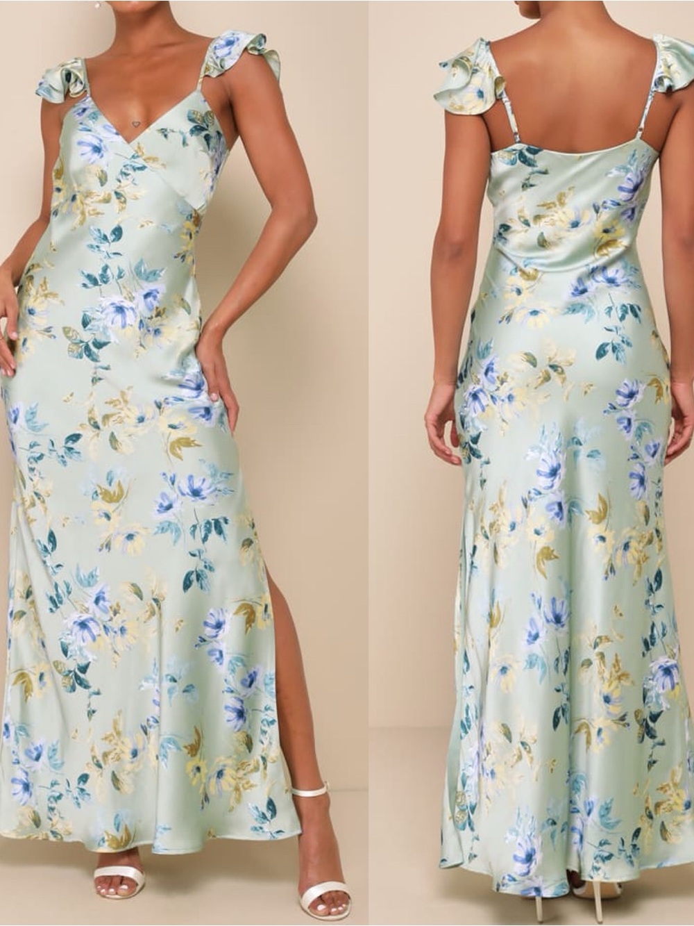 Lulus | Captivating Grace Sage Green Floral Satin Ruffled Maxi Dress